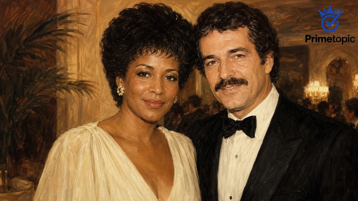 Editorial illustration of Willie Beir with actor Max Gail at an early-1980s formal event